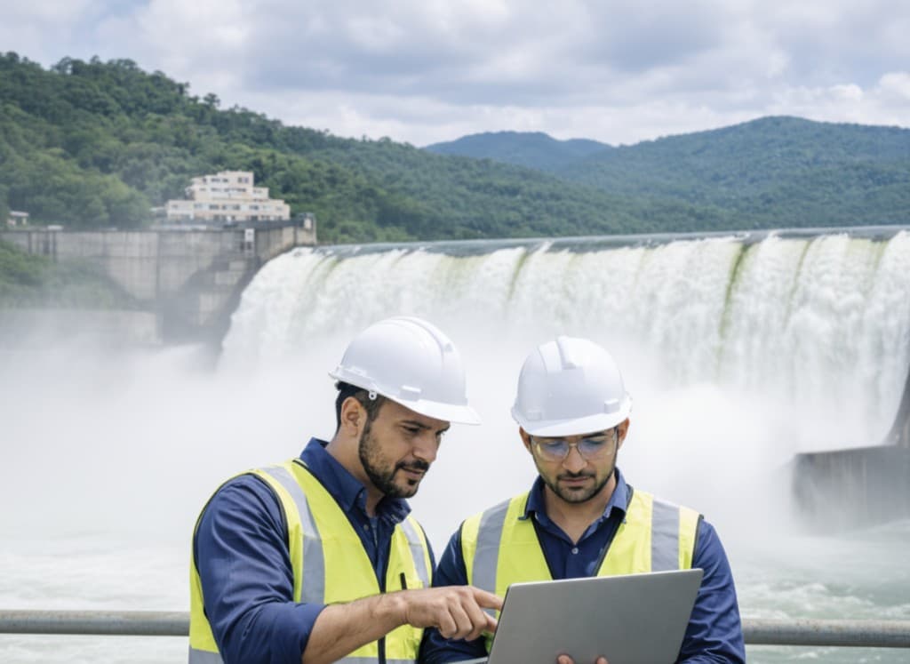 Two engineers in safety gear reviewing a laptop in front of a hydroelectric dam and spillway